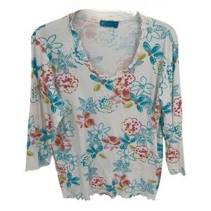 Fresh Produce White Floral Print Top Size L Cotton Stretch Ruffle Edge Shirt